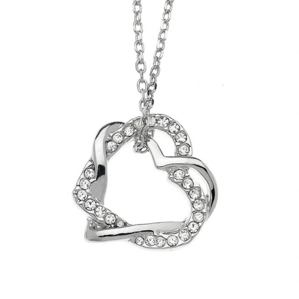 Two Hearts Pendant Necklace with Swarovski Crystals - Silver Heart Necklace gift
